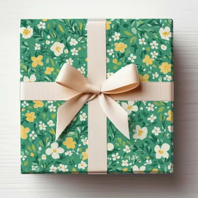 Elegant Green Floral Gift Box with Cream Ribbon Product
