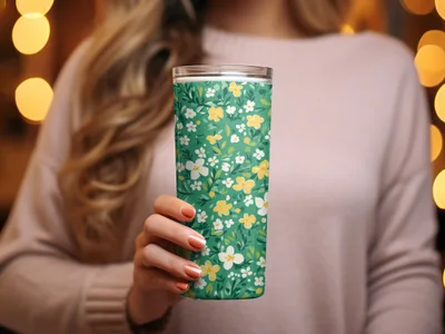 Floral Patterned Green and Yellow Insulated Tumbler