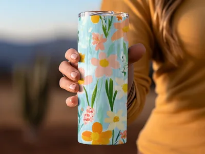 Floral Pattern Blue Tumbler with Colorful Blooms Design