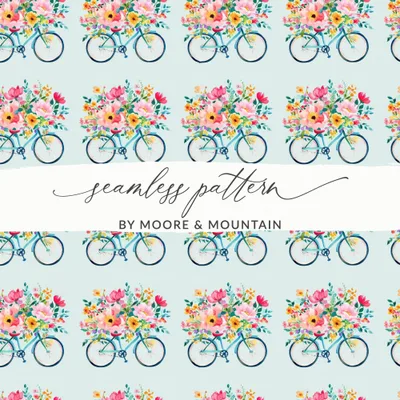 Spring Seamless Bicycle with Floral Basket Pattern Digital