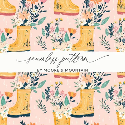 Spring Showers Floral Rain Boots Seamless Pattern for Fabric