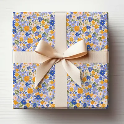 Floral Pattern Gift Box with Cream Ribbon Wrap
