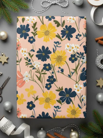 Floral Pattern Gift Wrap with Yellow and Blue Flowers