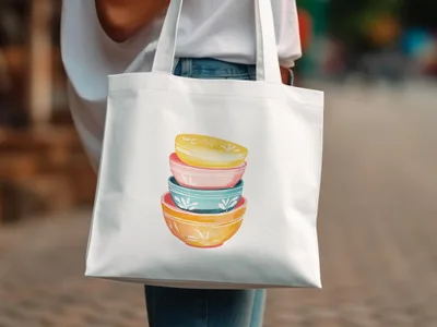 Stack of four colorful ceramic bowls on a white tote bag.