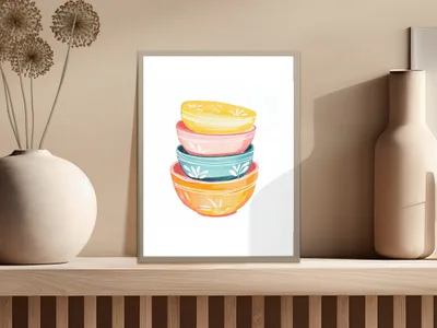 Stack of colorful ceramic bowls on a shelf with decor.