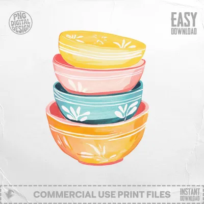 Stack of four colorful, patterned ceramic bowls with a floral design.