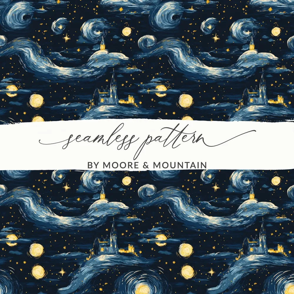 Starry Night Castle, Digital Seamless Pattern, JPEG Files, 12x12 Inches, Van Gogh Style, Fantasy Landscape, Night Sky, Digital Paper - Moore and Mountain