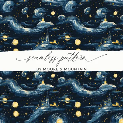 Starry Night Castle, Digital Seamless Pattern, JPEG Files, 12x12 Inches, Van Gogh Style, Fantasy Landscape, Night Sky, Digital Paper