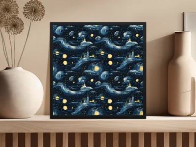 Starry Night Castle, Digital Seamless Pattern, JPEG Files, 12x12 Inches, Van Gogh Style, Fantasy Landscape, Night Sky, Digital Paper - Moore and Mountain
