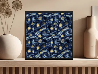 Starry Night Digital Paper, Van Gogh Style, Navy Blue and Gold, Abstract Celestial Art, Seamless Pattern, Digital Download - Moore and Mountain