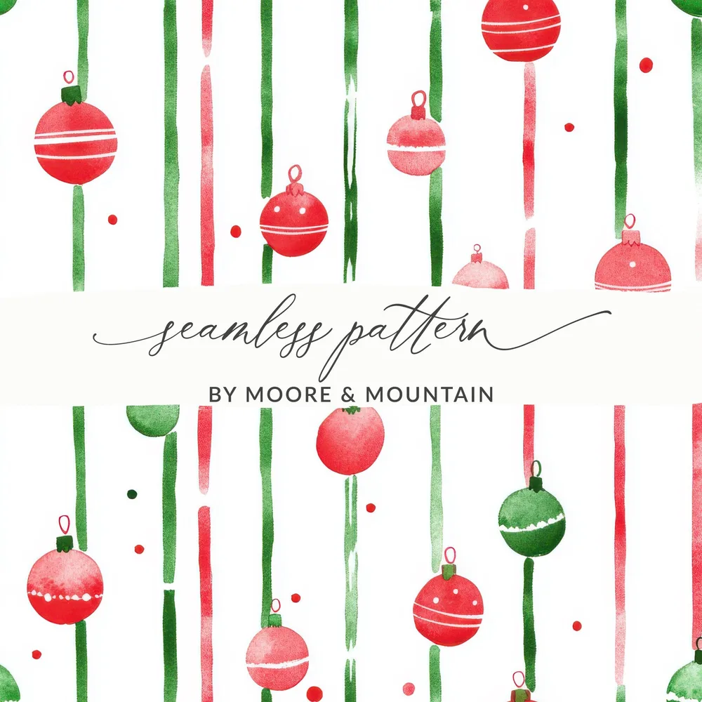 Striped Christmas Baubles Seamless Red and Green Watercolor Digital Pattern - Moore and Mountain