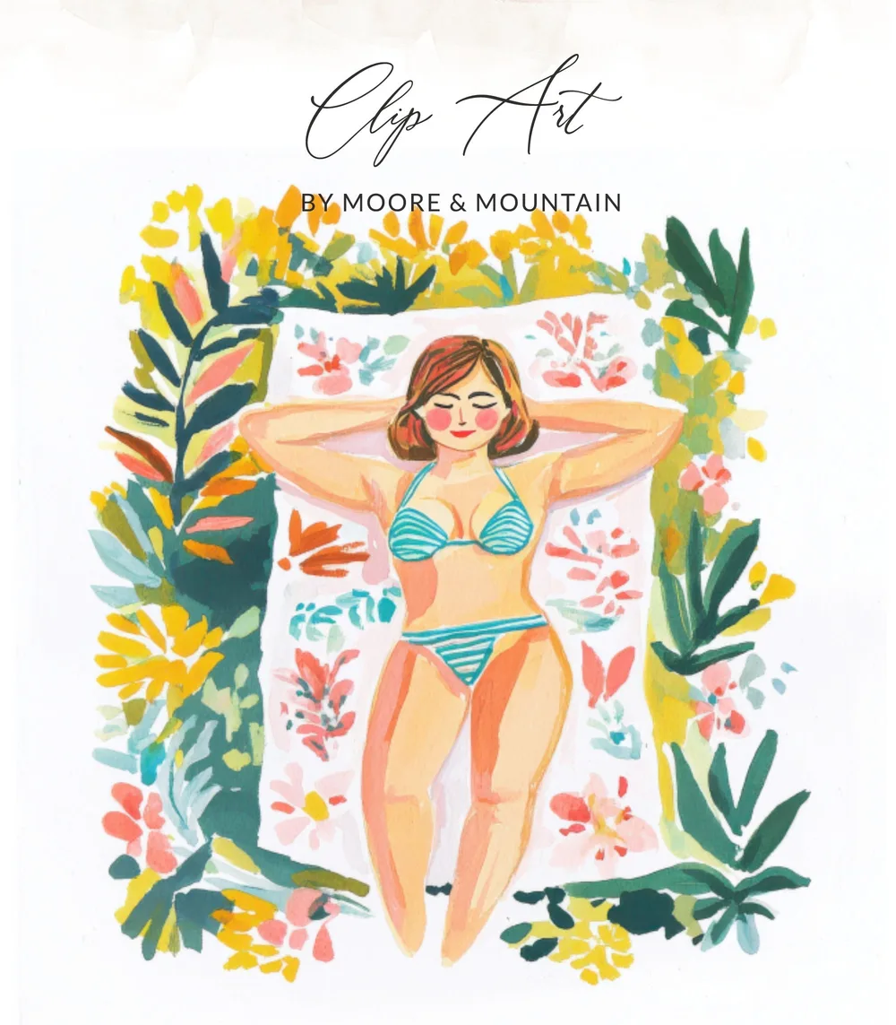 Woman in striped bikini sunbathing on a floral towel, surrounded by colorful foliage.