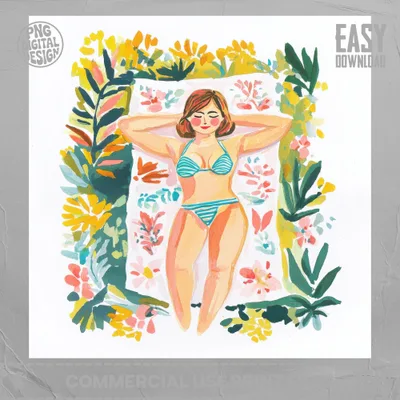 Woman in bikini relaxing on a towel surrounded by flowers.