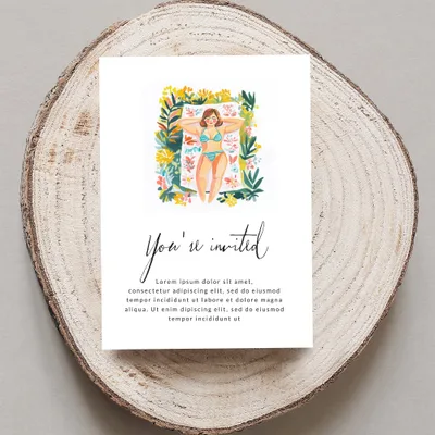 Invitation with "You're invited" and placeholder text, featuring a person sunbathing.