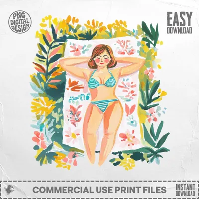 Woman in bikini sunbathing on beach towel with floral border.