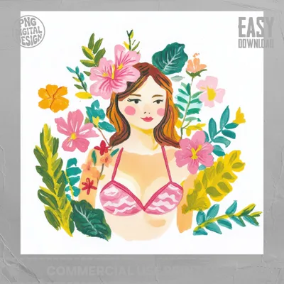 Woman in pink bikini surrounded by colorful flowers and leaves.