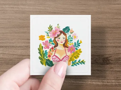 Woman in pink bikini surrounded by colorful flowers and green leaves.