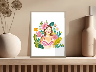 Illustration of a woman in a pink bikini surrounded by flowers.