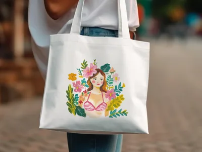White tote bag with watercolor illustration of a woman and flowers.