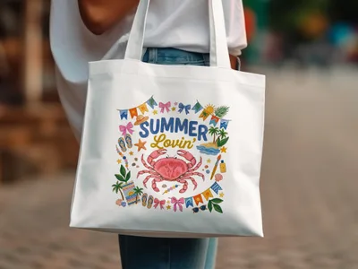 Tote bag with "Summer Lovin'" text and pink crab design.