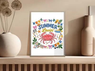 Pink crab and beach icons with text "SUMMER LOVIN'".