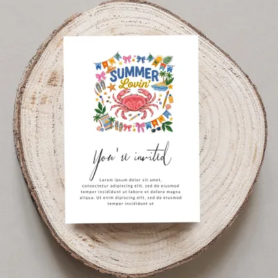 "Summer Lovin'" invitation with crab and beach icons, "You're invited" text.