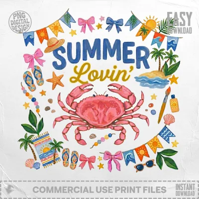 Pink crab surrounded by summer motifs, "Summer Lovin'" text.