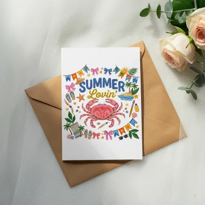 Card with pink crab and "Summer Lovin'" text, surrounded by beach icons.