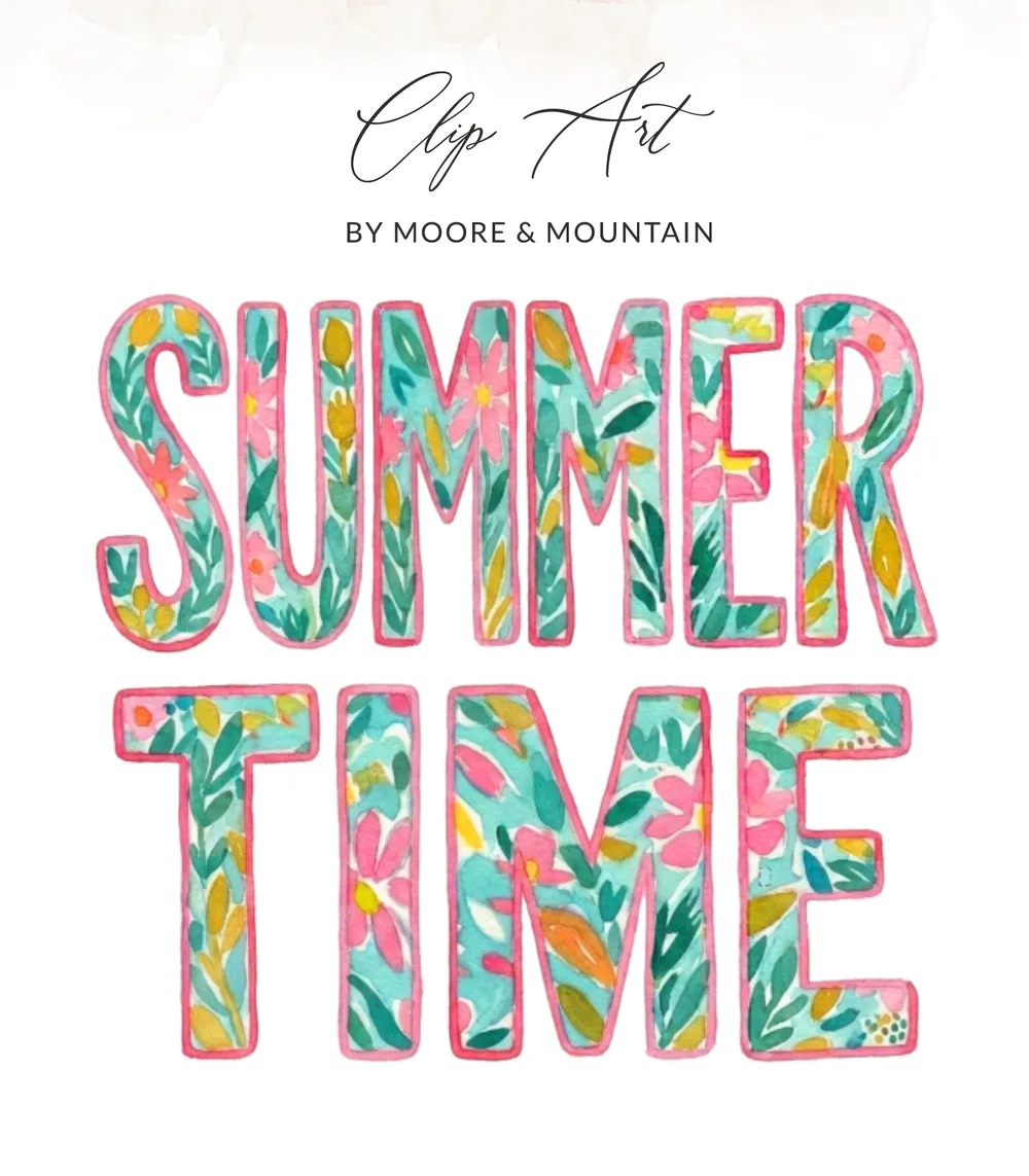 Watercolor "SUMMER TIME" text with floral patterns on turquoise background.