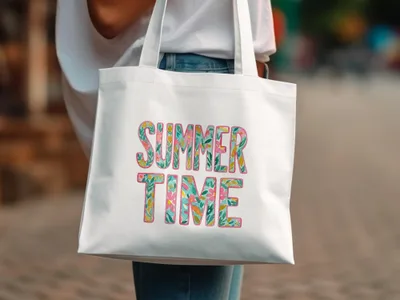 White canvas tote bag with "SUMMER TIME" text in floral pattern.