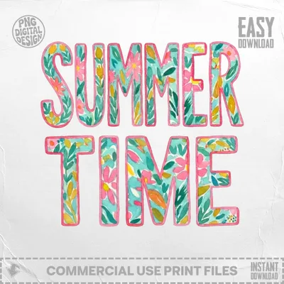 Watercolor lettering reads "SUMMER TIME" with floral accents.