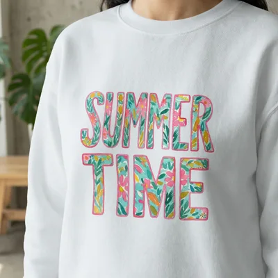 White sweatshirt with colorful floral "Summer Time" text.