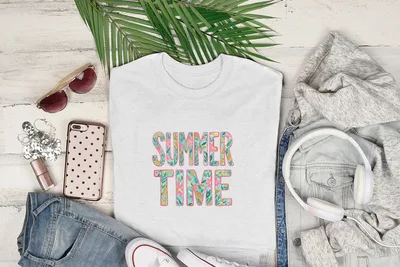 White t-shirt with "SUMMER TIME" floral text design.