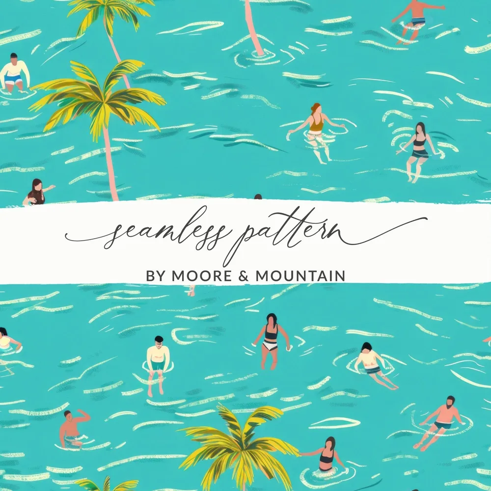 Summer Vibes Digital Pattern, Seamless Swimming Design, Palm Trees Digital Paper, Tropical Sea Print, Summertime Digital Download - Moore and Mountain
