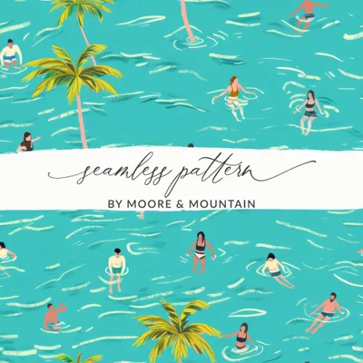 Summer Vibes Digital Pattern, Seamless Swimming Design, Palm Trees Digital Paper, Tropical Sea Print, Summertime Digital Download