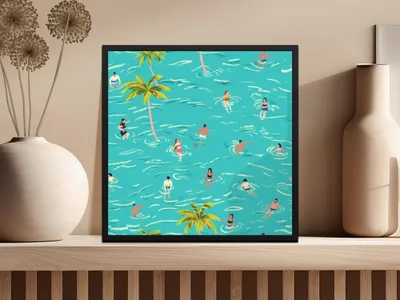 Summer Vibes Digital Pattern, Seamless Swimming Design, Palm Trees Digital Paper, Tropical Sea Print, Summertime Digital Download - Moore and Mountain