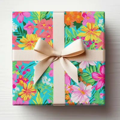Bright Floral Gift Wrap with Cream Ribbon Package
