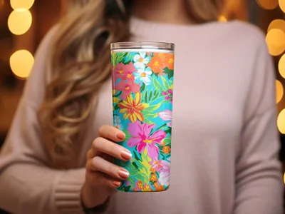 Vibrantly Colored Tropical Floral Design Tumbler