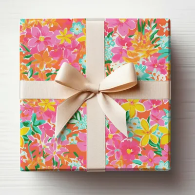 Vibrant Floral Patterned Box with Satin Ribbon Gift Wrap