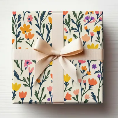 Floral Pattern Gift Wrap with Elegant Cream Ribbon