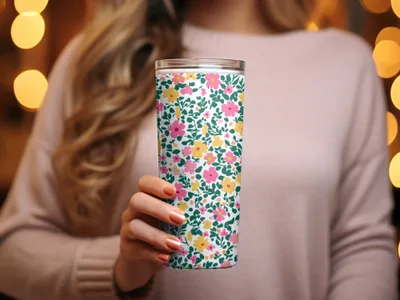 Floral Patterned Tumbler with Pink and Yellow Flowers