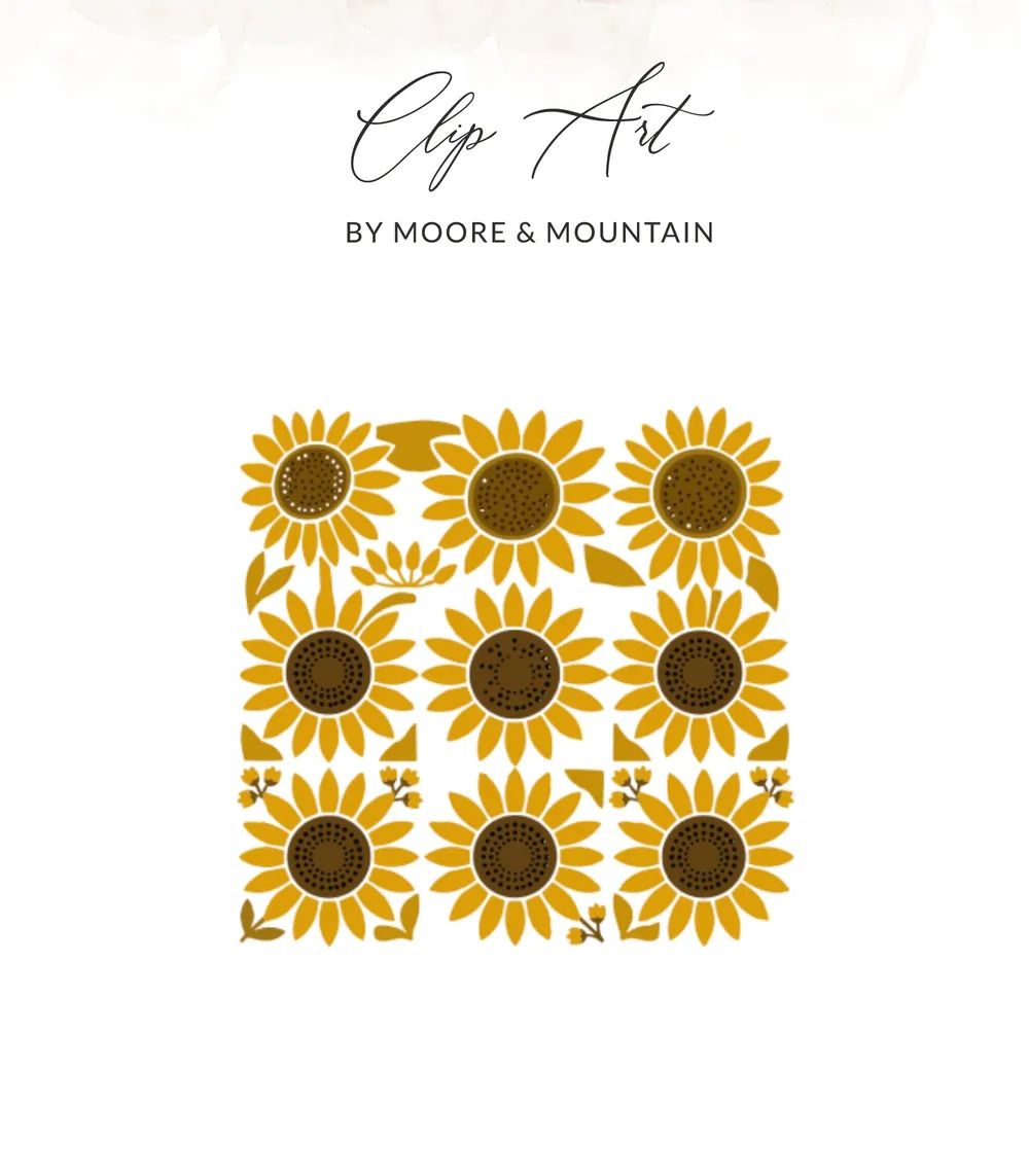 Nine stylized sunflowers arranged in a grid, with "Clip Art" text above.