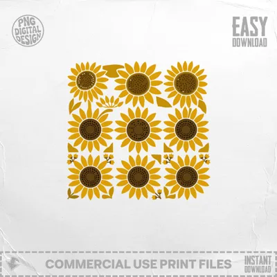Square arrangement of nine stylized sunflowers with yellow petals and brown centers.