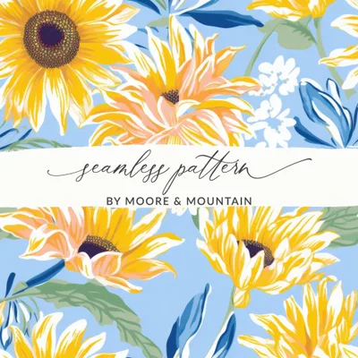 Sunflower Seamless Pattern, Floral Digital Paper, Sunny Yellow Flower Print, Fabric Design, Printable Background, Commercial Use