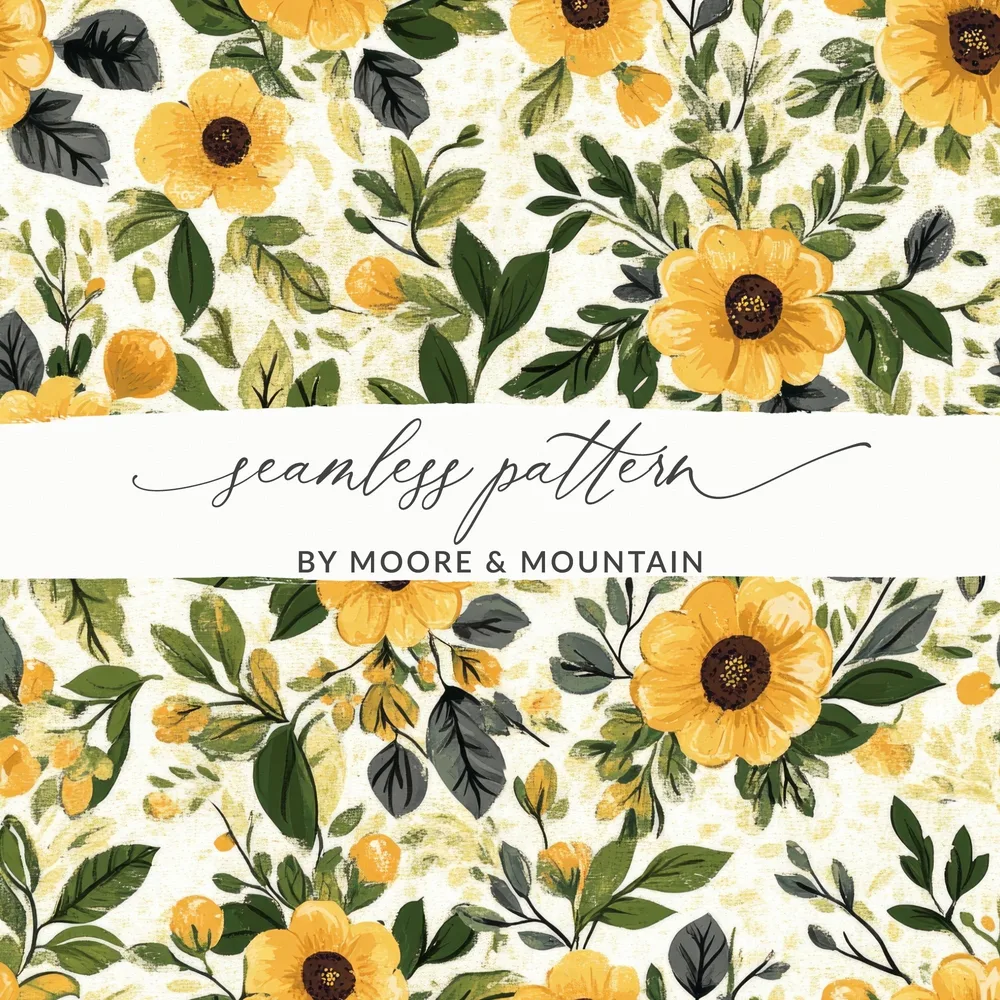 Sunflower Seamless Pattern, Floral Digital Paper, Watercolor Flower Backgrounds, Fabric Design, Commercial Use - Moore and Mountain