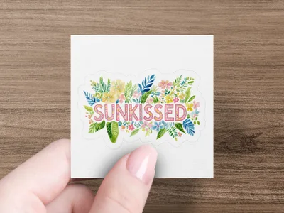 "Sunkissed" text surrounded by colorful floral illustrations.