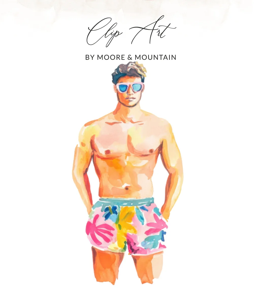 Watercolor illustration of a man in colorful floral swim trunks.