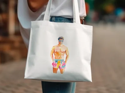 White tote bag with watercolor illustration of a man in floral swim trunks.