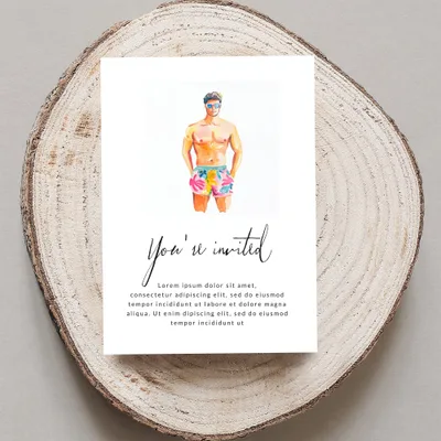 Watercolor illustration of a man in swim trunks, with "You're invited" text.