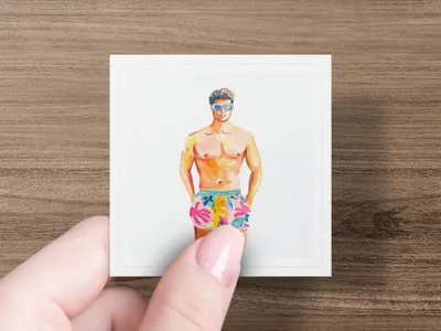 Man in colorful floral swim trunks and sunglasses.